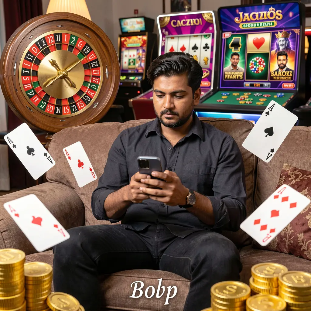 Confident Bangladeshi player using the 29OK casino app on his phone with floating gold coins roulette and playing cards around him