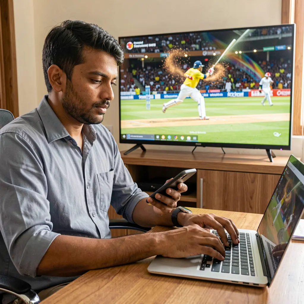 Focused Bangladeshi player placing online sports bets on a laptop while tracking live cricket action on TV using the 29OK platform