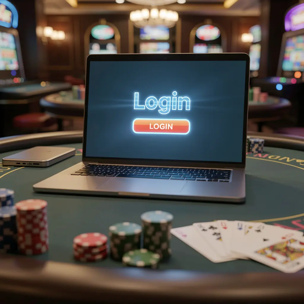 Stylish laptop on a casino table with poker chips and cards showing the 29OK login screen for easy account access in Bangladesh